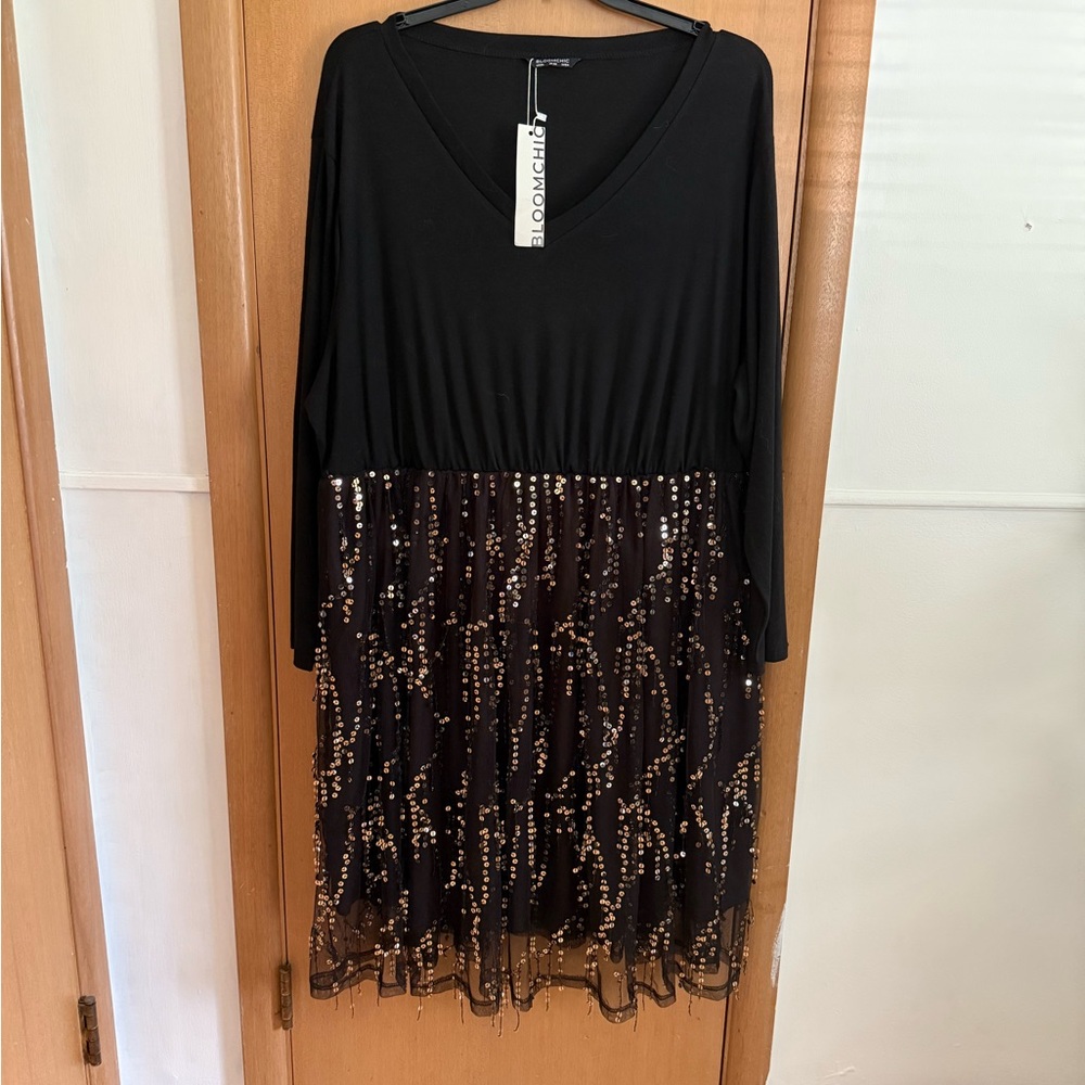 BloomChic Black Dress with Gold Sequin Accents